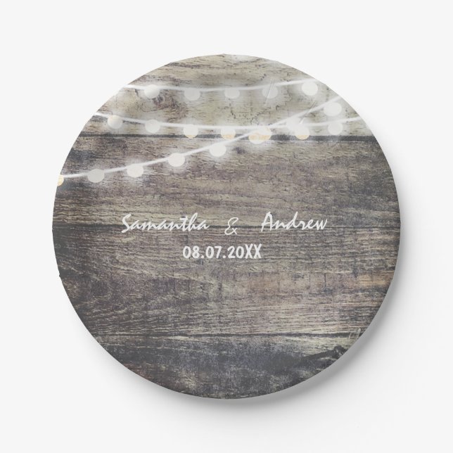 Rustic wood and string lights wedding paper plates (Front)