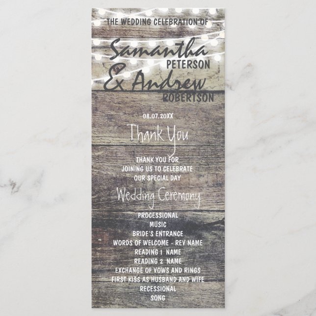 Rustic wood and string lights Wedding Program (Front)