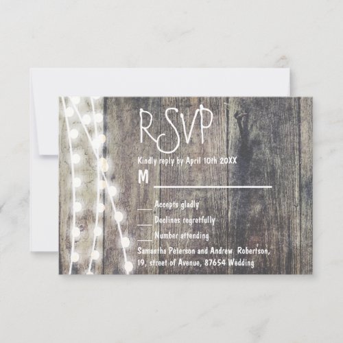 Rustic wood and string lights wedding RSVP