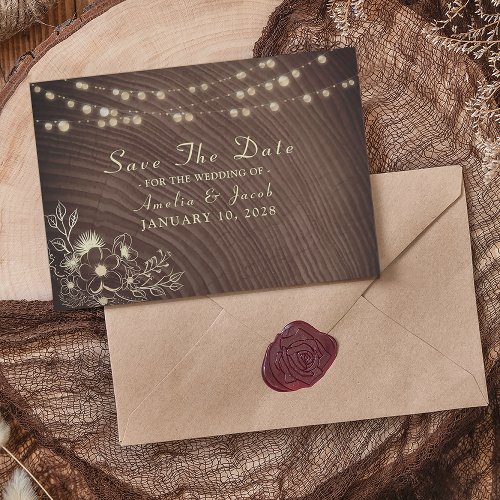 Rustic Wood and String Lights Wedding Save The Date