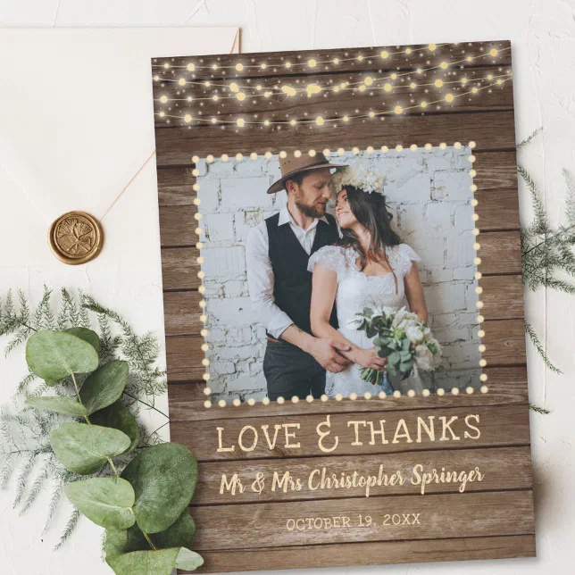 Rustic Wood and String Lights Wedding Thank You | Zazzle