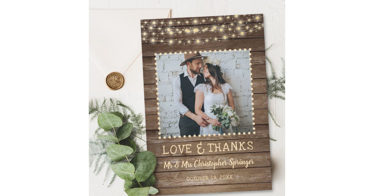 Rustic Wood and String Lights Wedding Thank You Card | Zazzle