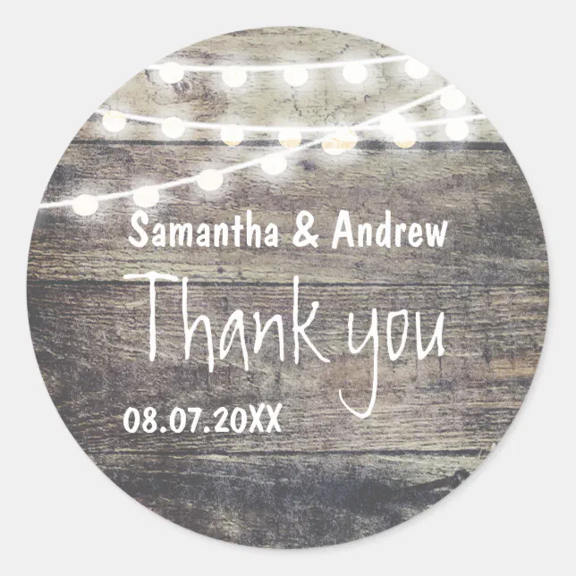Rustic wood and string lights wedding Thank you Classic Round Sticker ...