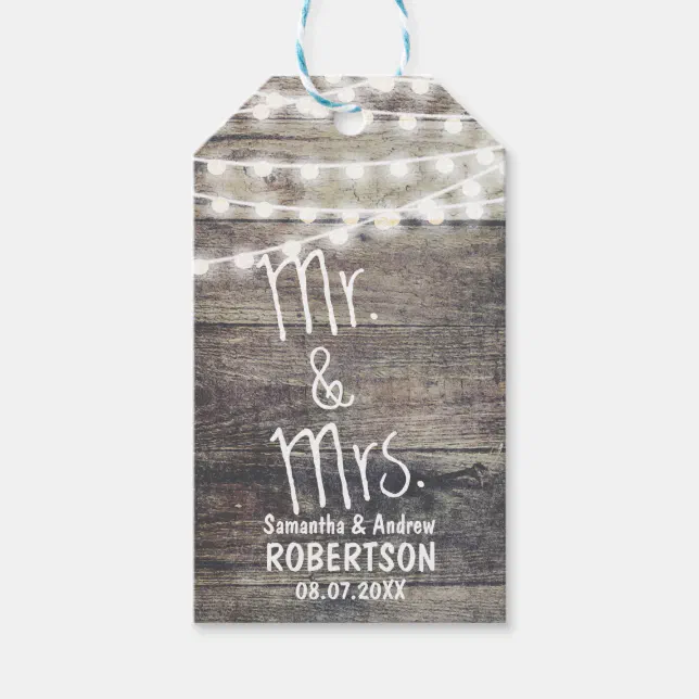 Rustic wood and string lights wedding Thank you Gift Tags | Zazzle