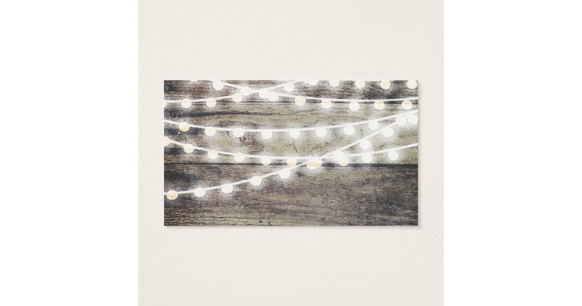 Rustic wood and string lights wedding website business card Zazzle