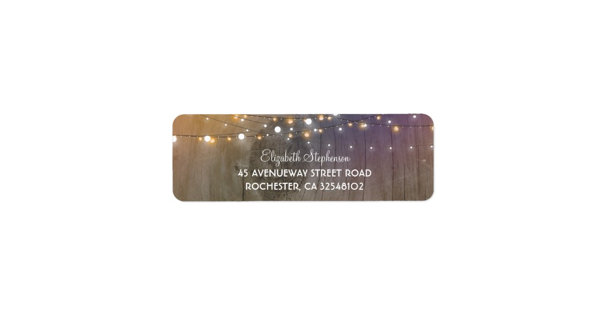 Rustic Wood and String of Lights Wedding Label | Zazzle