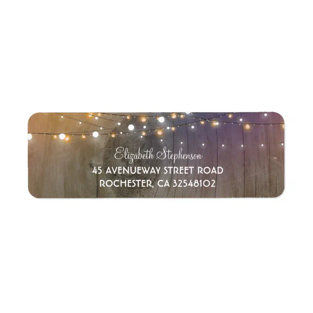 Rustic Wood and String of Lights Wedding Label | Zazzle