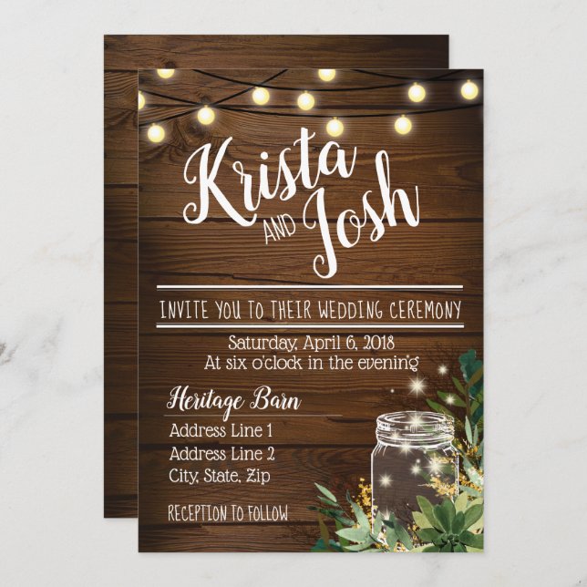 Rustic Wood and Succulent Wedding Invitation (Front/Back)