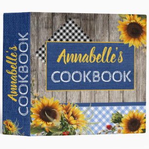 Rustic wood and Sunflower Personalized Cookbook 3 Ring Binder