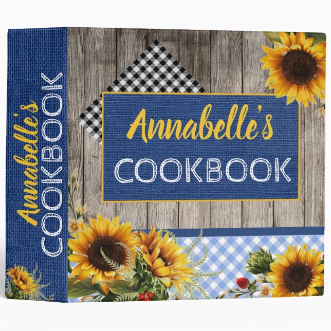 Rustic wood and Sunflower Personalized Cookbook 3 Ring Binder (Front/Spine)
