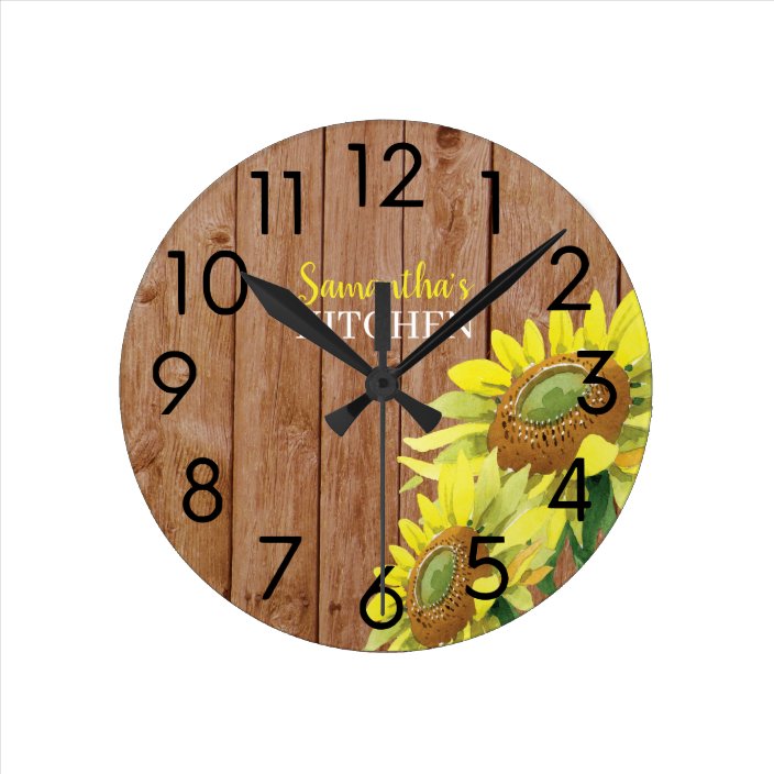 Rustic Wood And Sunflower Personalized Kitchen Round Clock Zazzle Com   Rustic Wood And Sunflower Personalized Kitchen Round Clock R8e90d0c94d5d4dc7b27102225ae74b93 Fup1s 8byvr 704 