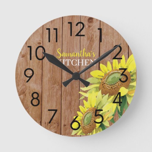 Rustic Wood And Sunflower Personalized  Kitchen   Round Clock