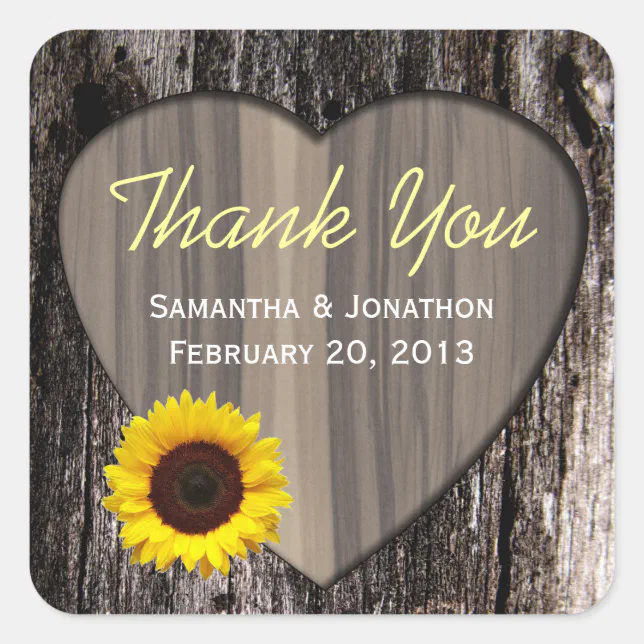 Rustic Wood and Sunflower Wedding Thank You Square Sticker | Zazzle