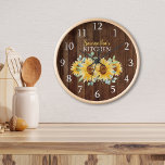 Rustic Wood And Sunflowers  Farmhouse  Kitchen Clock<br><div class="desc">Rustic country farmhouse kitchen clock personalized with custom name. The dark wood background and watercolor sunflowers make this an unique home decor gift.</div>