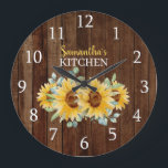 Rustic Wood And Sunflowers  Farmhouse  Kitchen Large Clock<br><div class="desc">Rustic country farmhouse kitchen clock personalized with custom name. The dark wood background and watercolor sunflowers make this an unique home decor gift.</div>