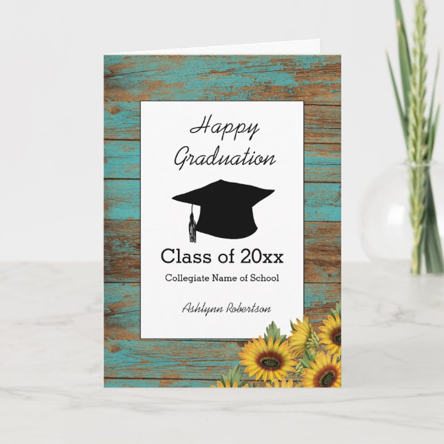Rustic Wood and Sunflowers Graduation Card (Front)