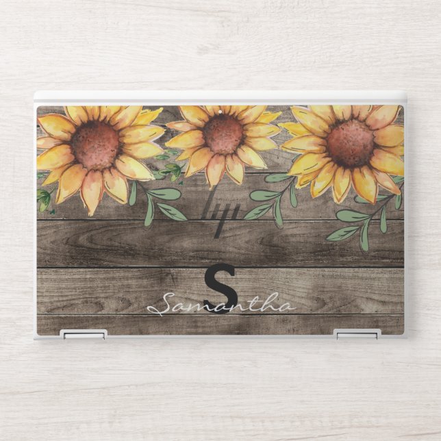 Rustic Wood and Sunflowers Monogram HP Laptop Skin (Front)
