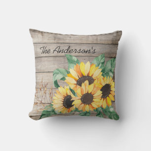 Rustic Wood and Sunflowers Throw Pillow