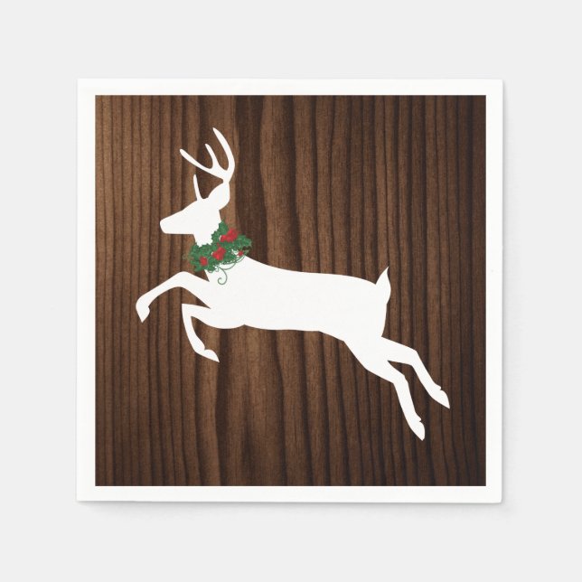 Rustic Wood and White Deer Christmas Paper Napkins (Front)