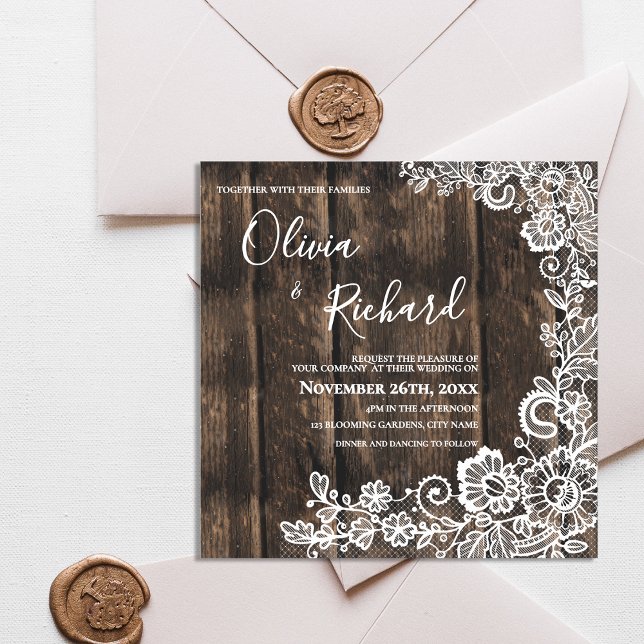 Rustic Wood and White Lace Floral Wedding Magnetic Invitation (Rustic Wood and White Lace Floral Wedding Magnetic Invitation)