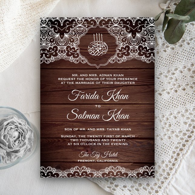 Rustic Wood and White Lace Islamic Muslim Wedding Invitation (Creator Uploaded)