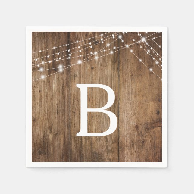 Rustic Wood and White Lights, Monogram Napkins (Front)