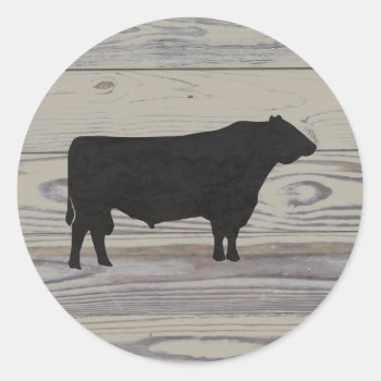 Rustic Wood Angus Bull  Watercolor Silhouette Classic Round Sticker by PandaCatGallery at Zazzle