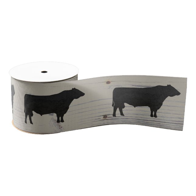 Rustic Wood Angus Bull Watercolor Silhouette Grosgrain Ribbon (Spool)