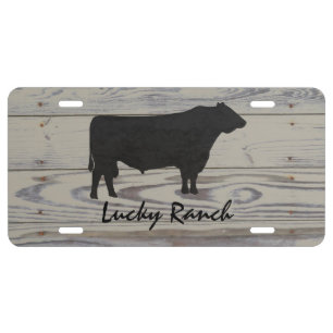 Rustic Wood Angus Bull Watercolor Silhouette License Plate
