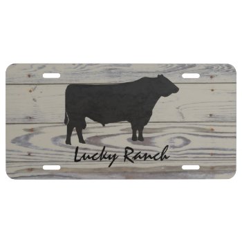 Rustic Wood Angus Bull Watercolor Silhouette License Plate by PandaCatGallery at Zazzle