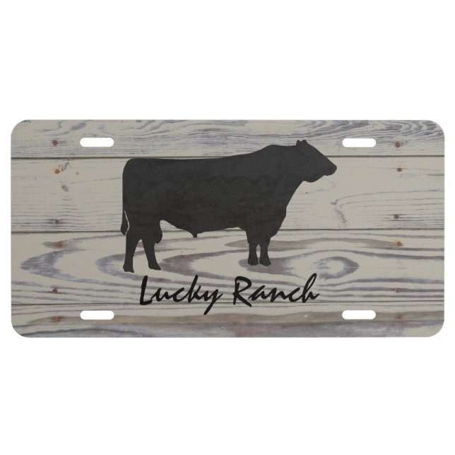 Rustic Wood Angus Bull Watercolor Silhouette License Plate (Front)