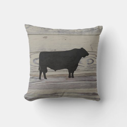 Rustic Wood Angus Bull Watercolor Silhouette Throw Pillow