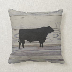 Rustic Wood Angus Bull Watercolor Silhouette Throw Pillow