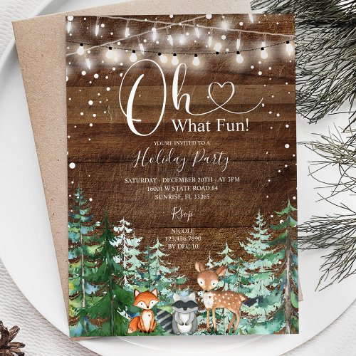 Rustic Wood Animal Pine Trees Holiday Party Invitation