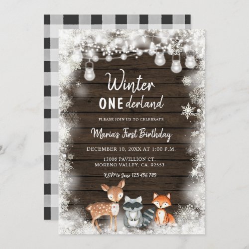 Rustic Wood Animal Winter Onederland Birthday Invitation