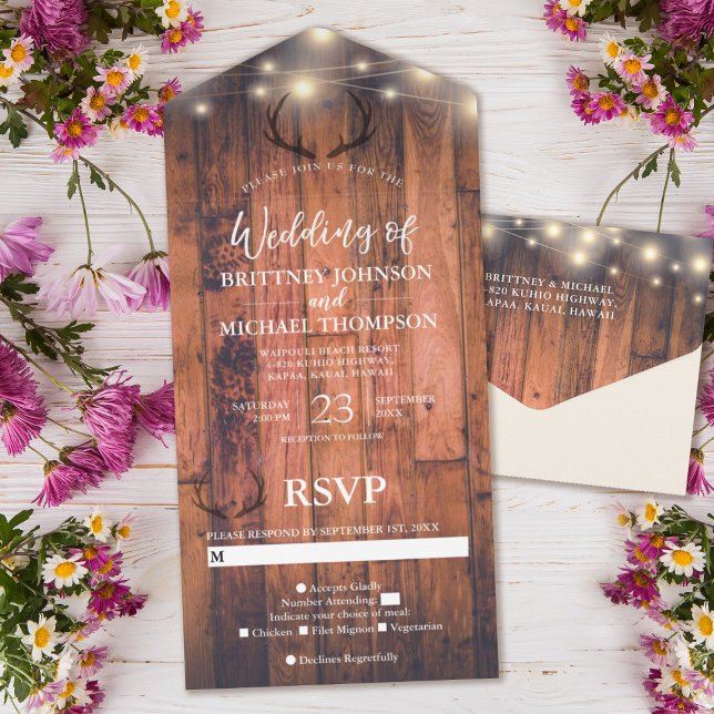 Rustic Wood Antler String Lights Wedding All In One Invitation (Creator Uploaded)