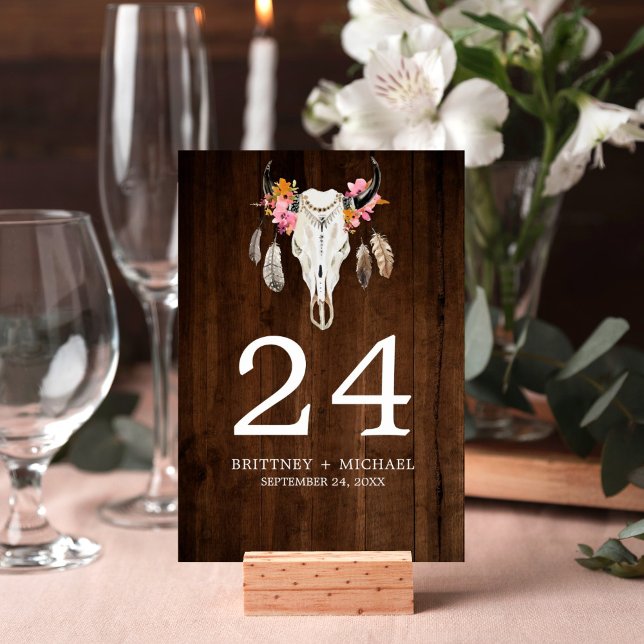 Rustic Wood Antler Table Card (Rustic wood watercolor skull design on this table number card is perfect for your wedding reception.)