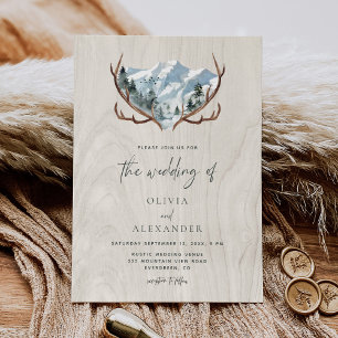 Rustic Wood Antlers Mountain Wedding Invitation