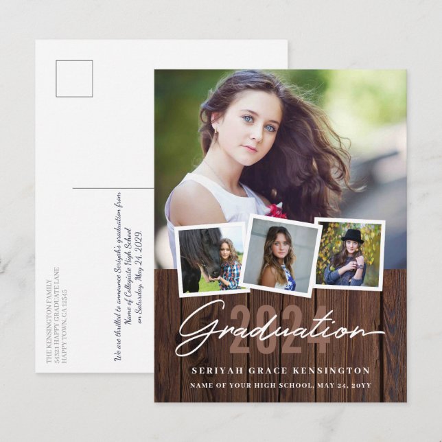 Rustic Wood Any Year Graduation 4 Photo Postcard (Front/Back)