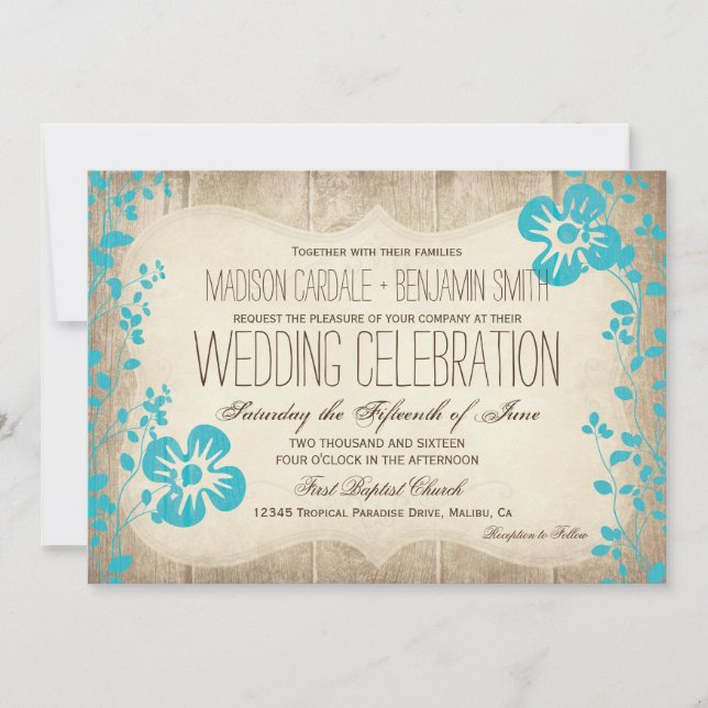 Rustic Wood Aqua Beach Flowers Wedding Invites (Front)