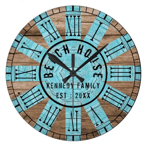 Rustic Wood Aqua Beach House Black Roman Numeral Large Clock