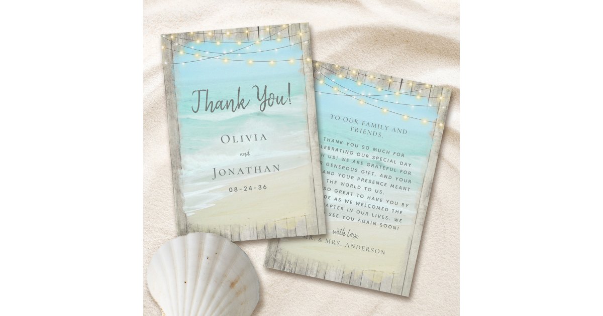 Rustic Wood Aqua Blue Beach String Lights Wedding Thank You Card | Zazzle