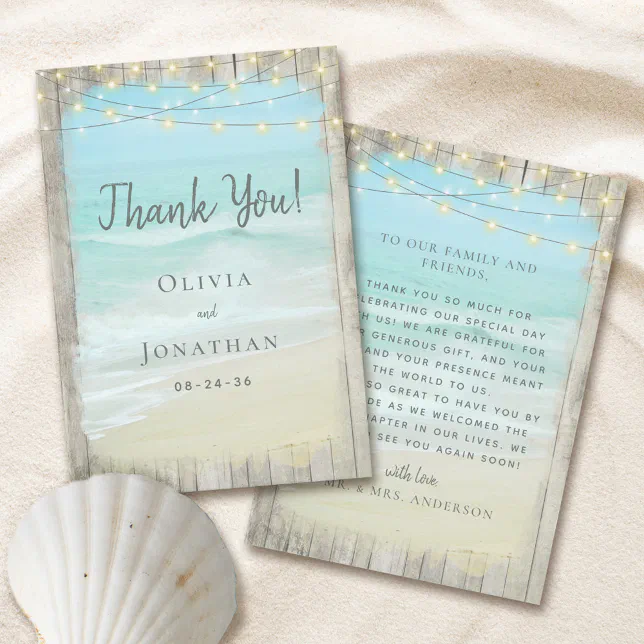 Rustic Wood Aqua Blue Beach String Lights Wedding Thank You Card | Zazzle