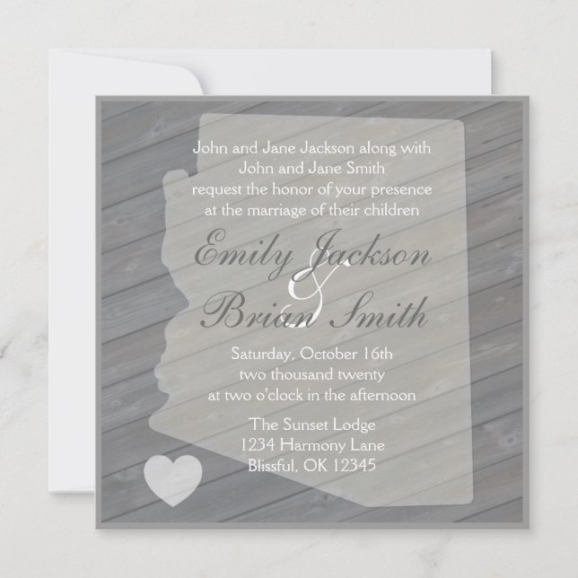 Rustic wood Arizona gray wedding invitations (Front)