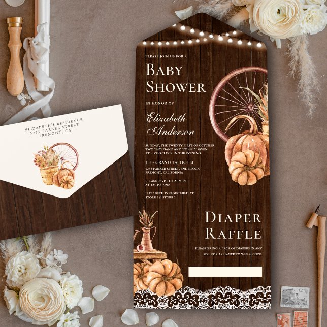 Rustic Wood Autumn Fall Boho Pumpkin Baby Shower All In One Invitation (Creator Uploaded)