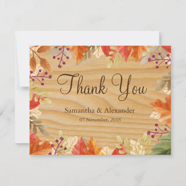 Rustic Wood Autumn Fall Red Leaves Thank You Card | Zazzle