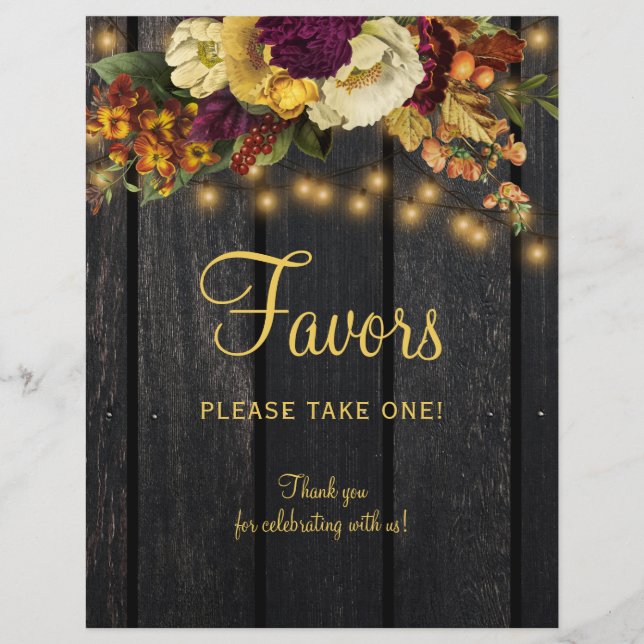 Rustic wood autumn fall wedding favors sign (Front)