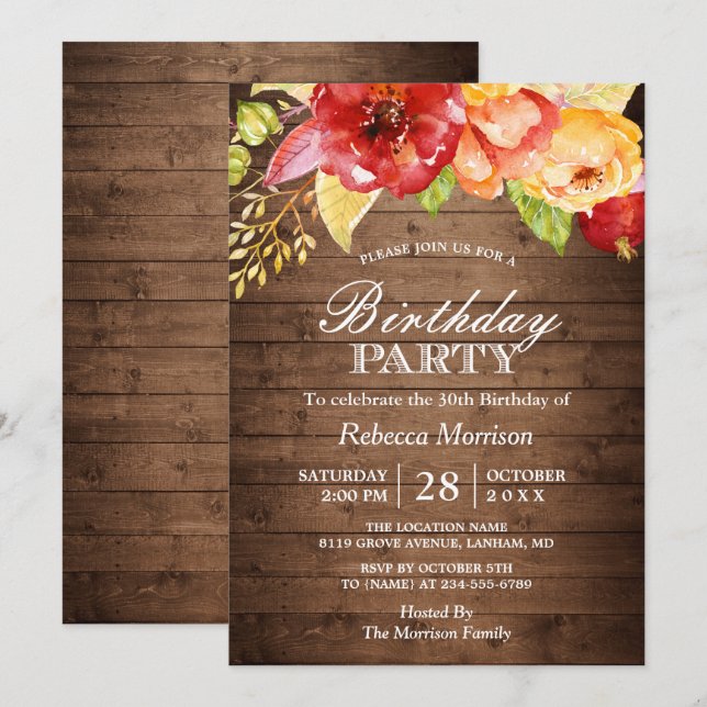 Rustic Wood Autumn Floral Fall Birthday Party Invitation (Front/Back)