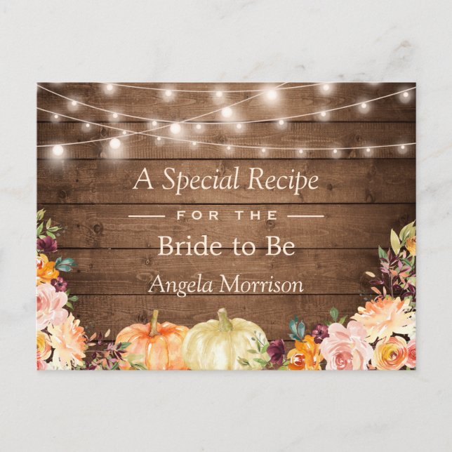 Rustic Wood Autumn Floral Pumpkin Bridal Recipe Postcard (Front)