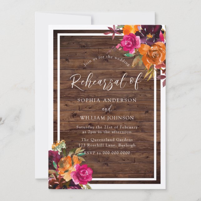 Rustic Wood Autumn Flowers Rehearsal Dinner Invitation (Front)